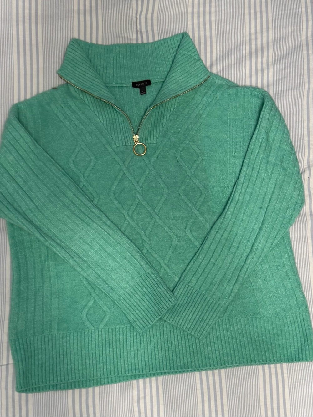 Talbots Mint Green Cable-Knit Quarter-Zip Sweater